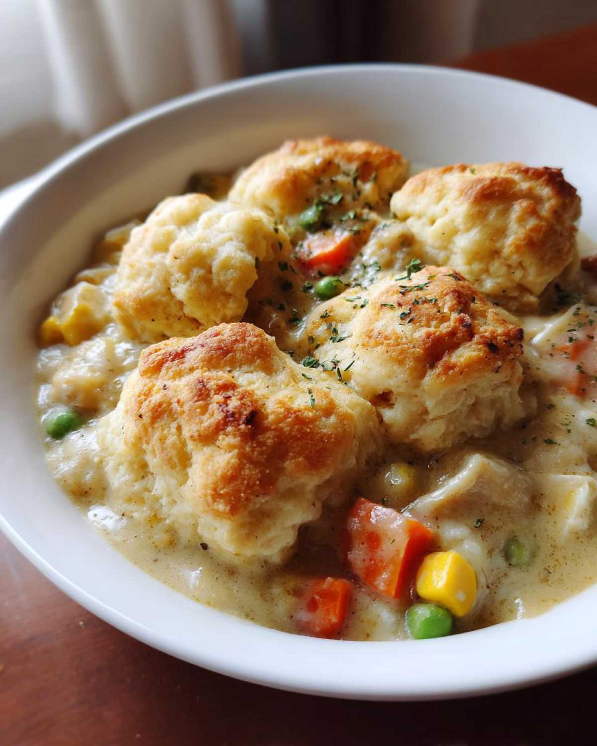 Close-up of creamy slow cooker chicken and dumplings topped with golden herbs.