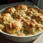 A white baking dish filled with creamy slow cooker chicken and dumplings topped with golden, fluffy biscuits.