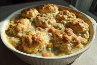 A white baking dish filled with creamy slow cooker chicken and dumplings topped with golden, fluffy biscuits.