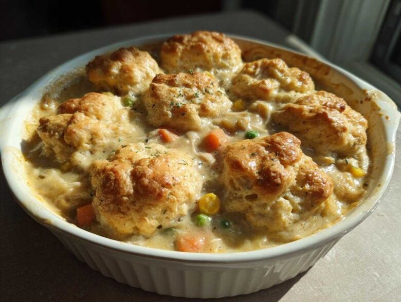 A white baking dish filled with creamy slow cooker chicken and dumplings topped with golden, fluffy biscuits.