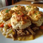 A serving of rich slow cooker chicken and dumplings topped with four golden, fluffy biscuits garnished with parsley.