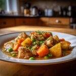 A close-up of a hearty slow cooker chicken stew with chunks of chicken, potatoes, carrots, and peas in a rich sauce.