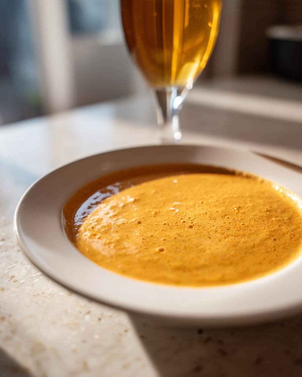Close-up of smooth, orange beer cheese dip in a white bowl, with a glass of amber beer blurred in the background.