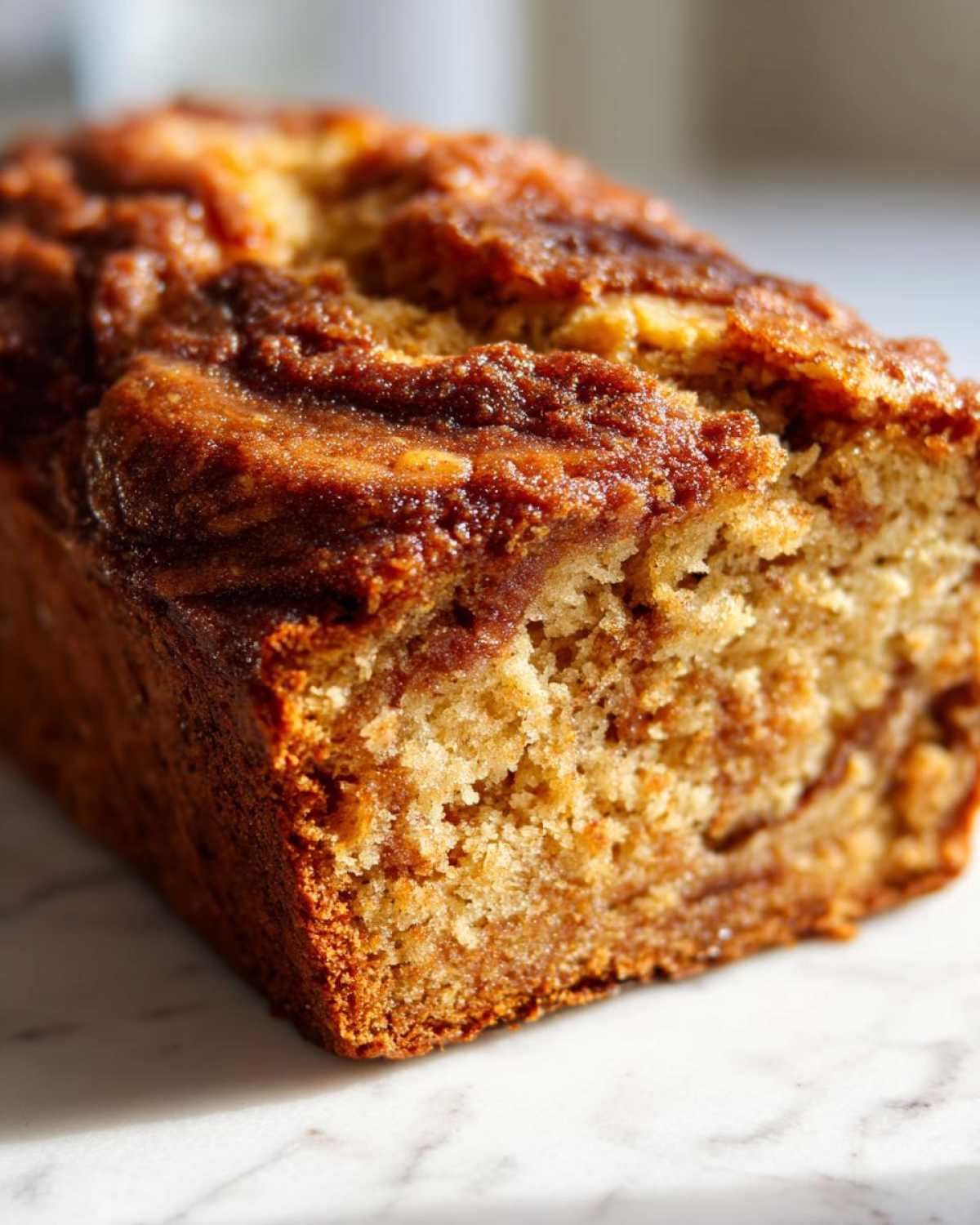 A close-up shot showing the moist crumb and cinnamon swirl topping of a snickerdoodle zucchini bread loaf.