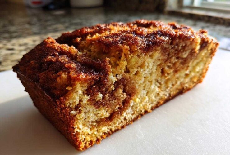 A close-up of a moist slice of snickerdoodle zucchini bread featuring a rich cinnamon swirl topping.