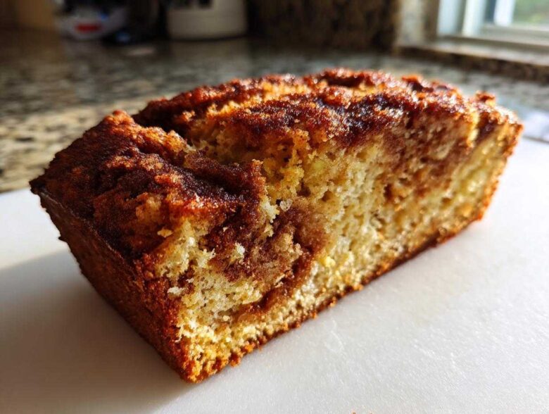 A close-up of a moist slice of snickerdoodle zucchini bread featuring a rich cinnamon swirl topping.