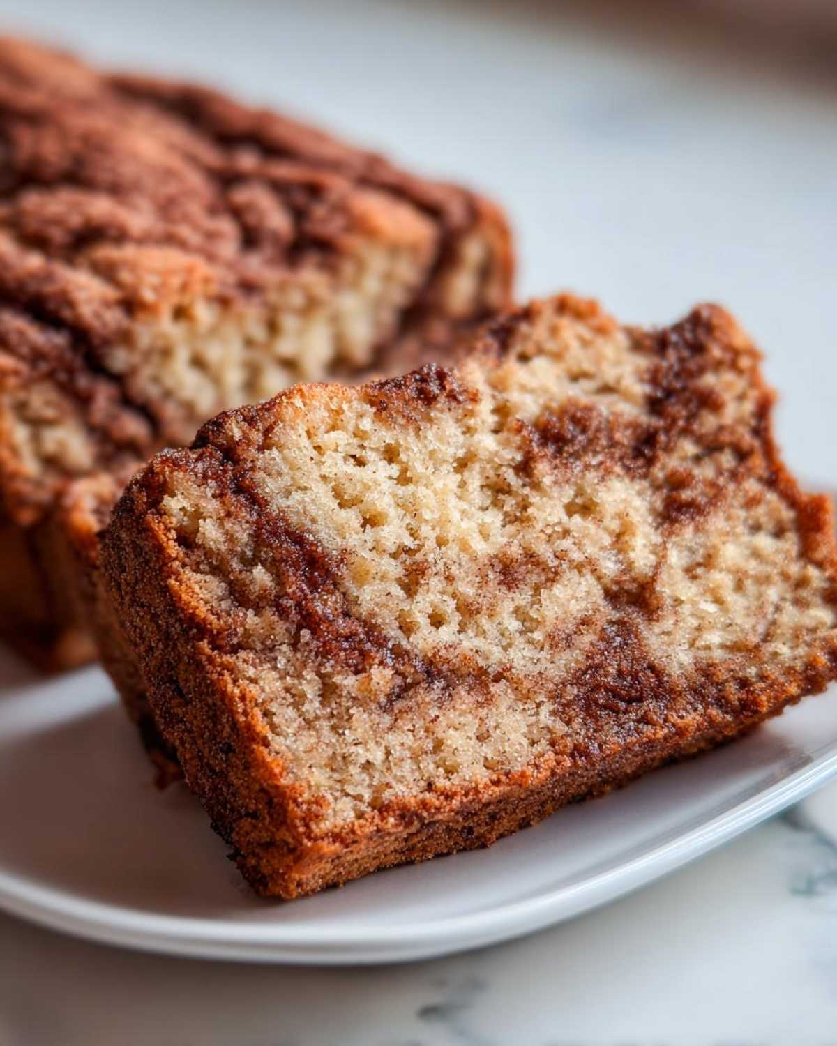 Close-up of a moist slice of snickerdoodle zucchini bread showing a rich cinnamon swirl throughout the crumb.