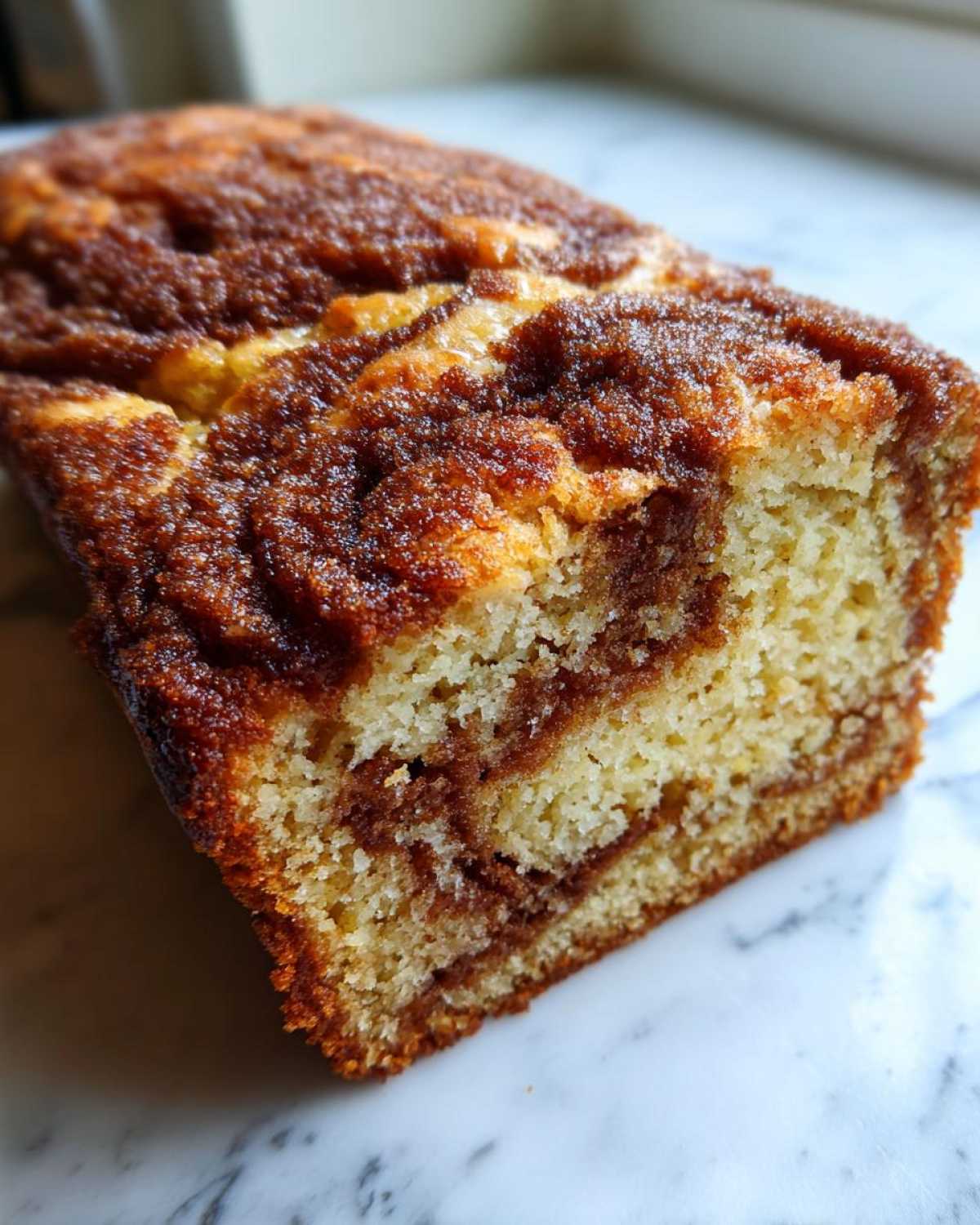 A close-up cross-section of a moist snickerdoodle zucchini bread loaf showing a rich cinnamon swirl.
