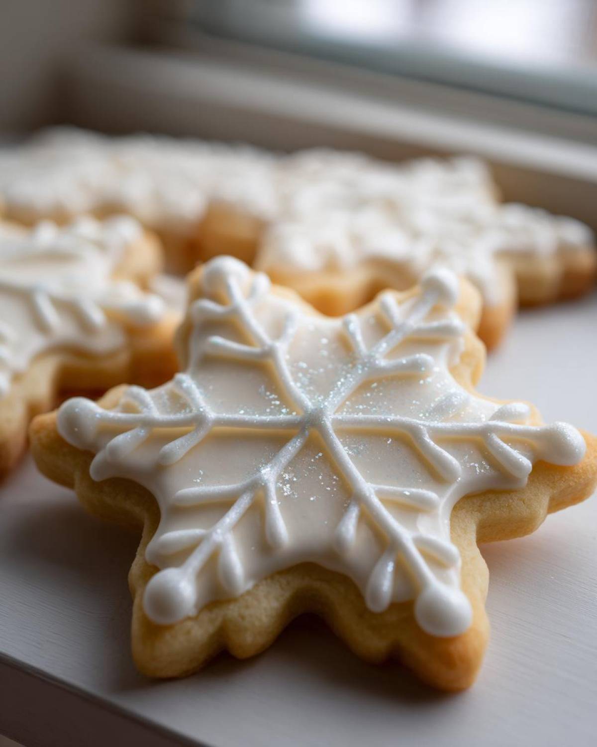 Close-up of a snowflake sugar cookie decorated with glossy white royal icing from the sugar cookie icing recipe.