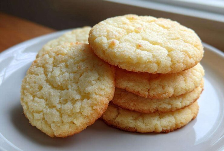 A close-up stack of five golden, soft sugar cookies resting on a white plate near a window.