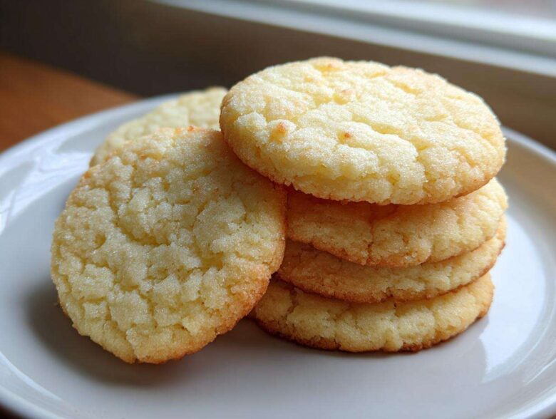 A close-up stack of five golden, soft sugar cookies resting on a white plate near a window.
