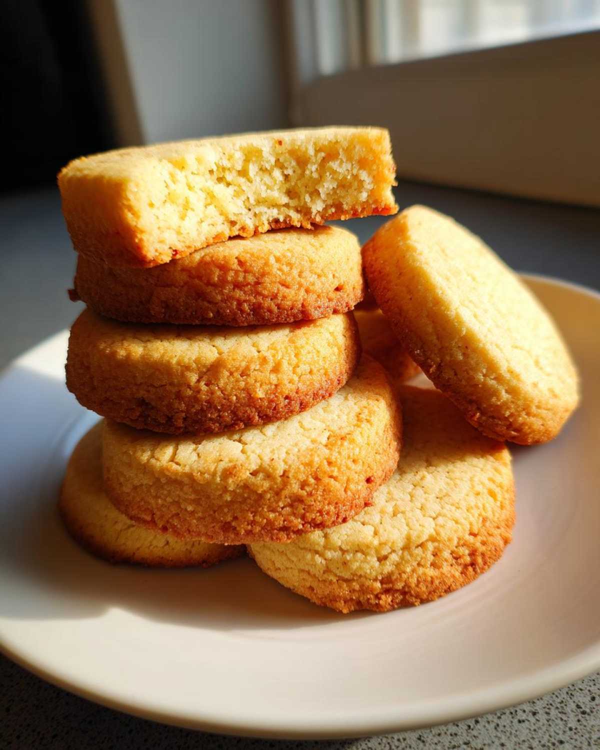 Close-up of a stack of golden brown soft sugar cookies, one broken open to show the crumb.