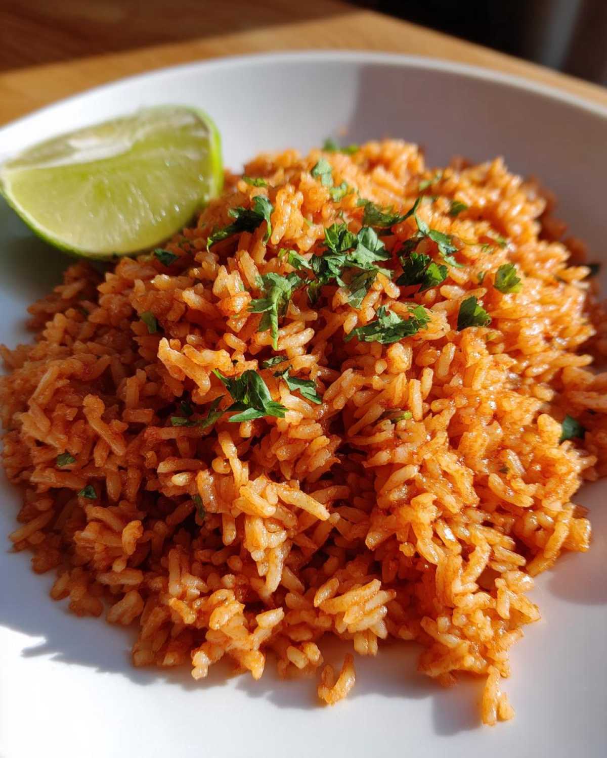 A close-up of fluffy, orange-red Spanish rice garnished with chopped cilantro and a lime wedge on a white plate.
