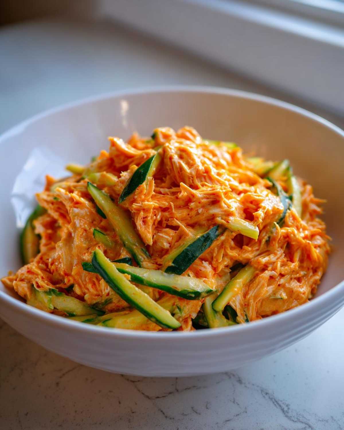 A close-up view of vibrant orange and white spicy kani salad mixed with julienned cucumbers in a white bowl.