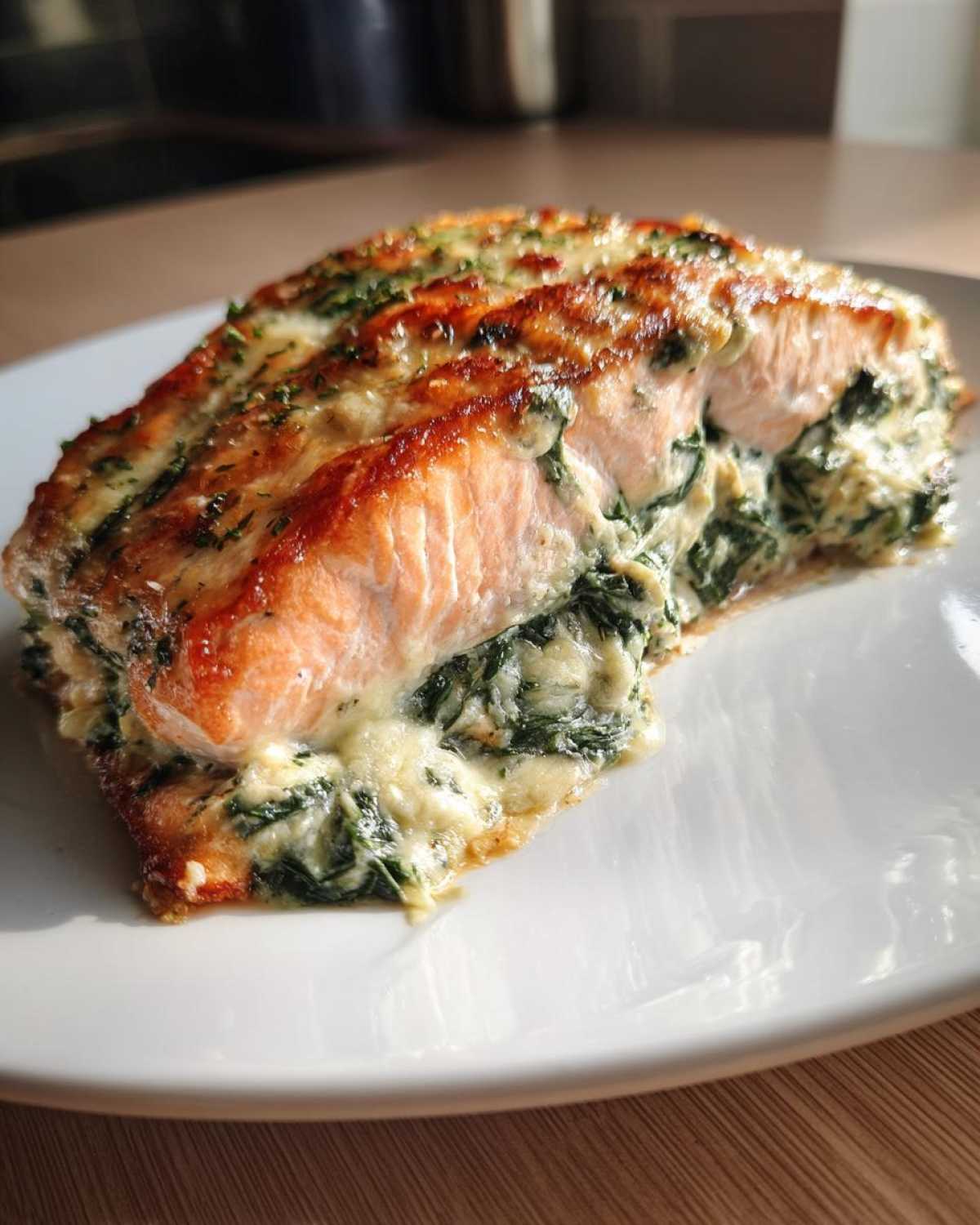 Close-up of a baked stuffed salmon fillet with creamy spinach filling and a golden-brown top.