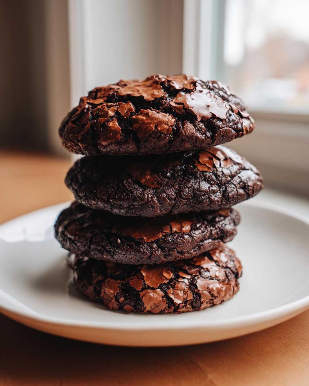 A stack of four rich, dark chocolate brownie cookies with cracked tops on a white plate.