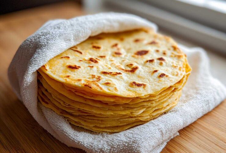 A warm stack of freshly made corn tortillas wrapped in a white cloth on a wooden surface.