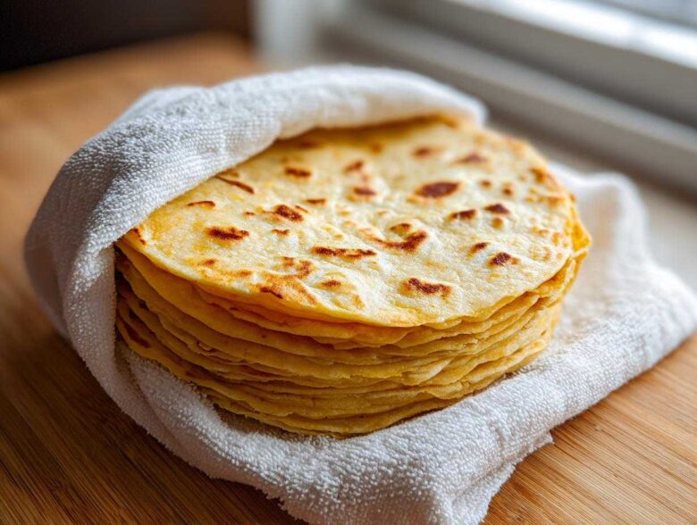 A warm stack of freshly made corn tortillas wrapped in a white cloth on a wooden surface.