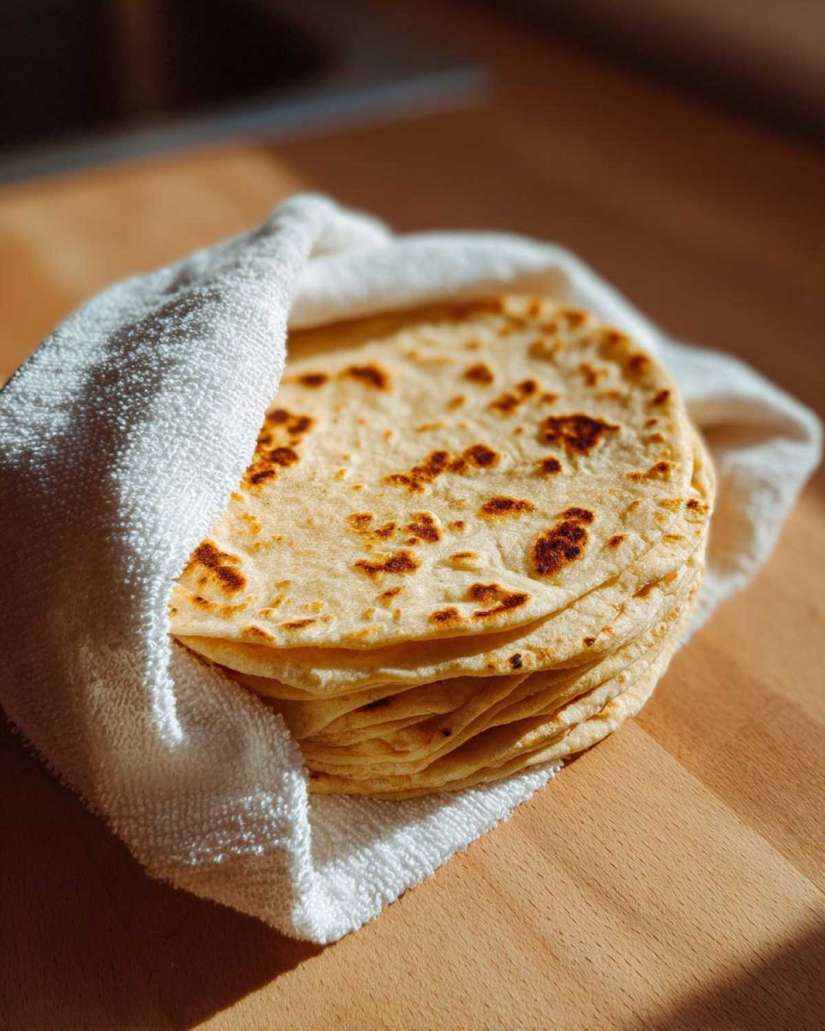 A stack of warm, freshly made corn tortillas wrapped partially in a white cloth on a wooden surface.