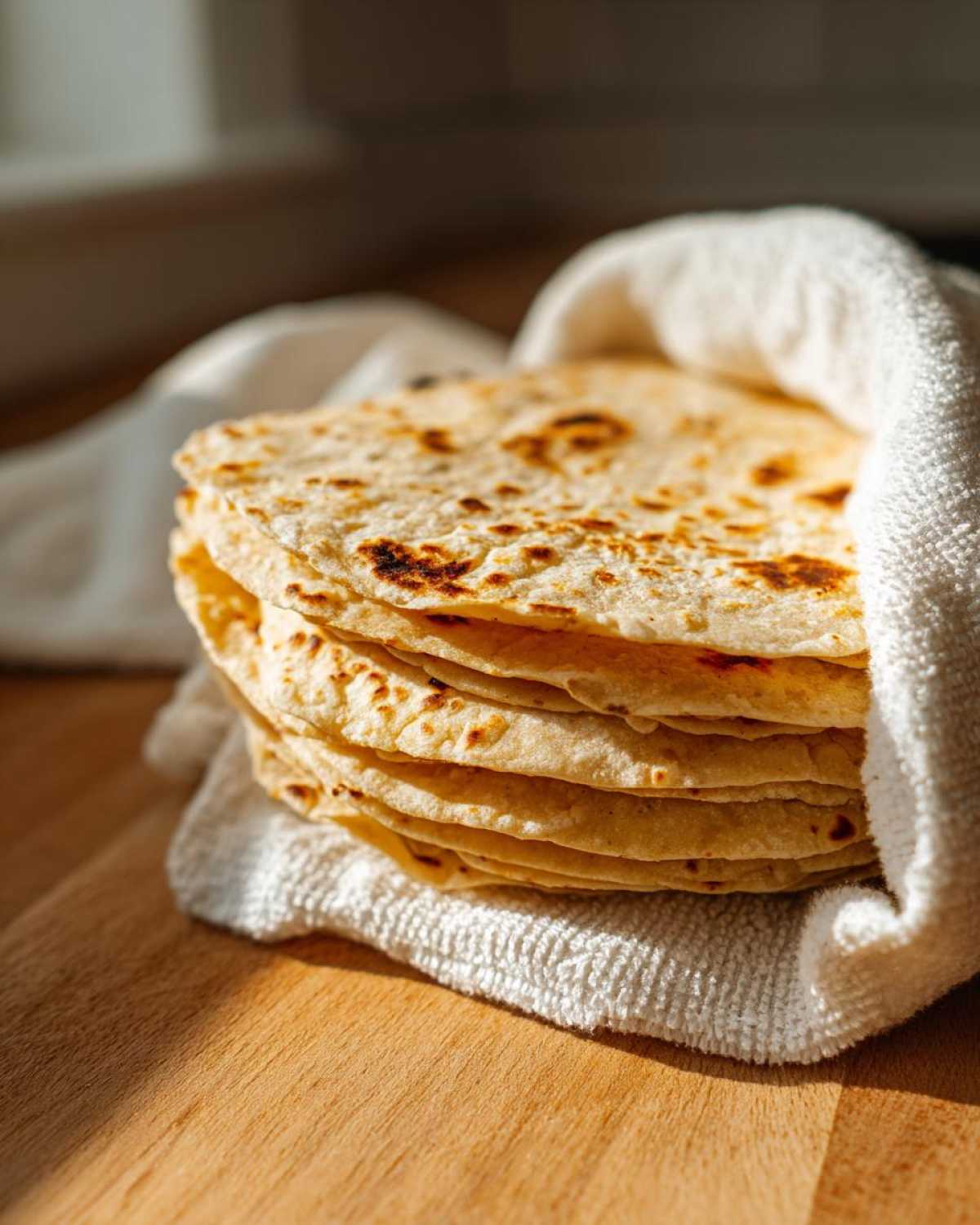 A warm stack of freshly made corn tortillas wrapped in a white cloth on a wooden cutting board.