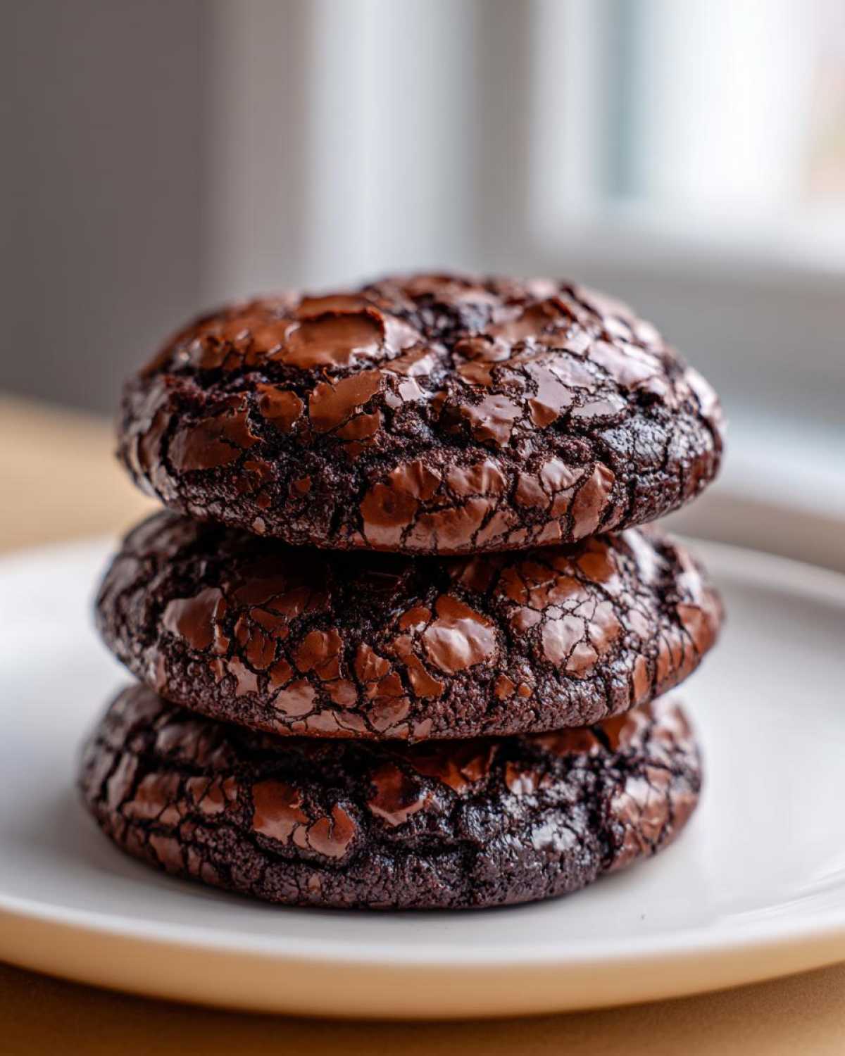 A stack of three rich, dark chocolate brownie cookies with cracked, shiny tops.