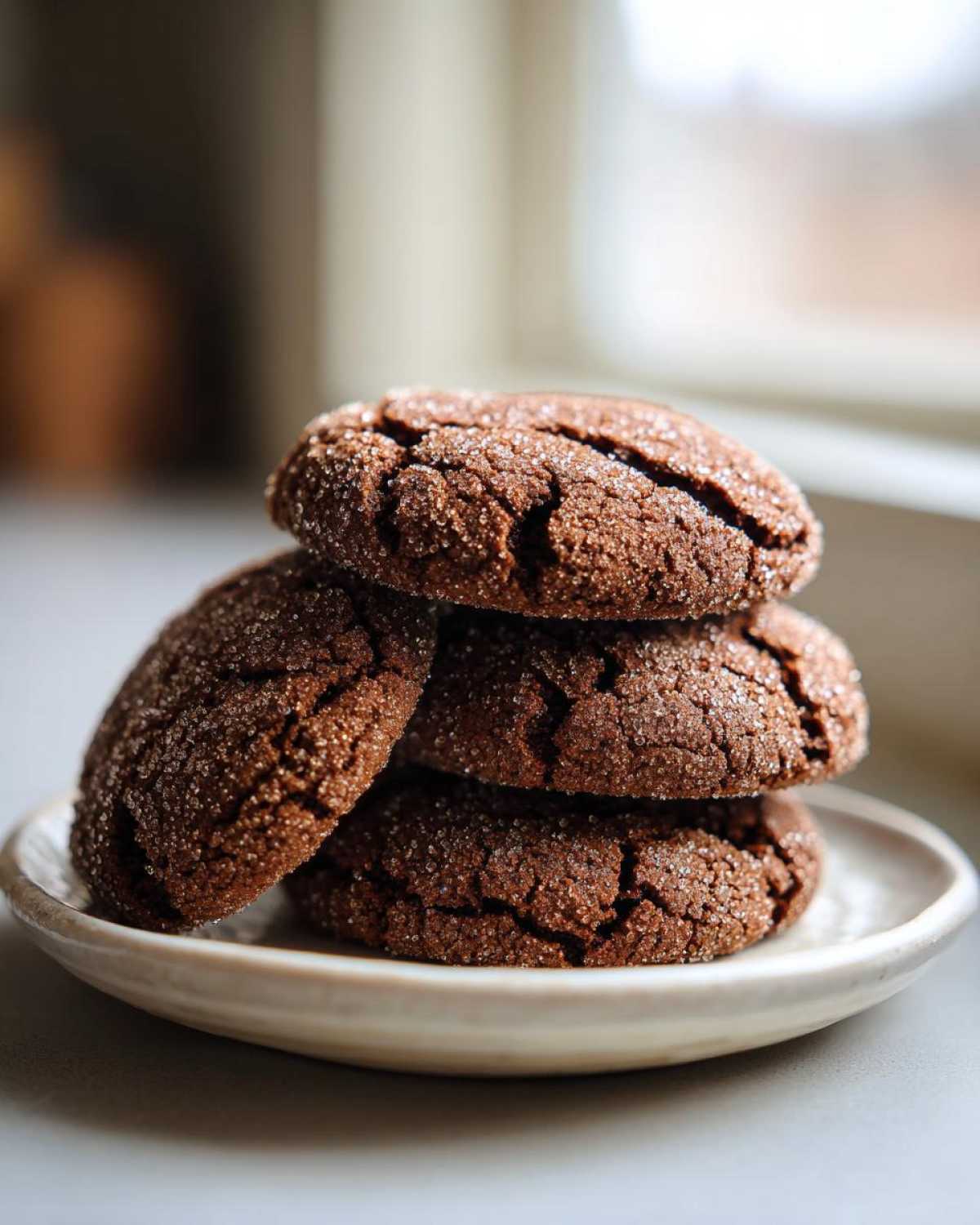 A stack of four dark, crinkly ginger molasses cookies coated in sugar resting on a small, light-colored plate.