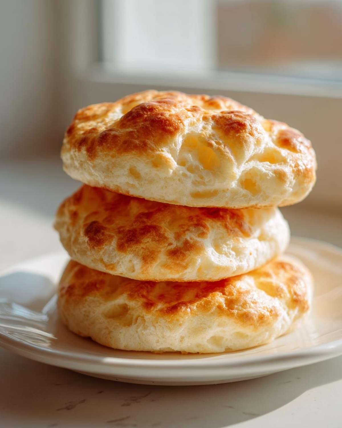 A stack of three golden-brown, fluffy cloud bread buns sitting on a white plate near a window.