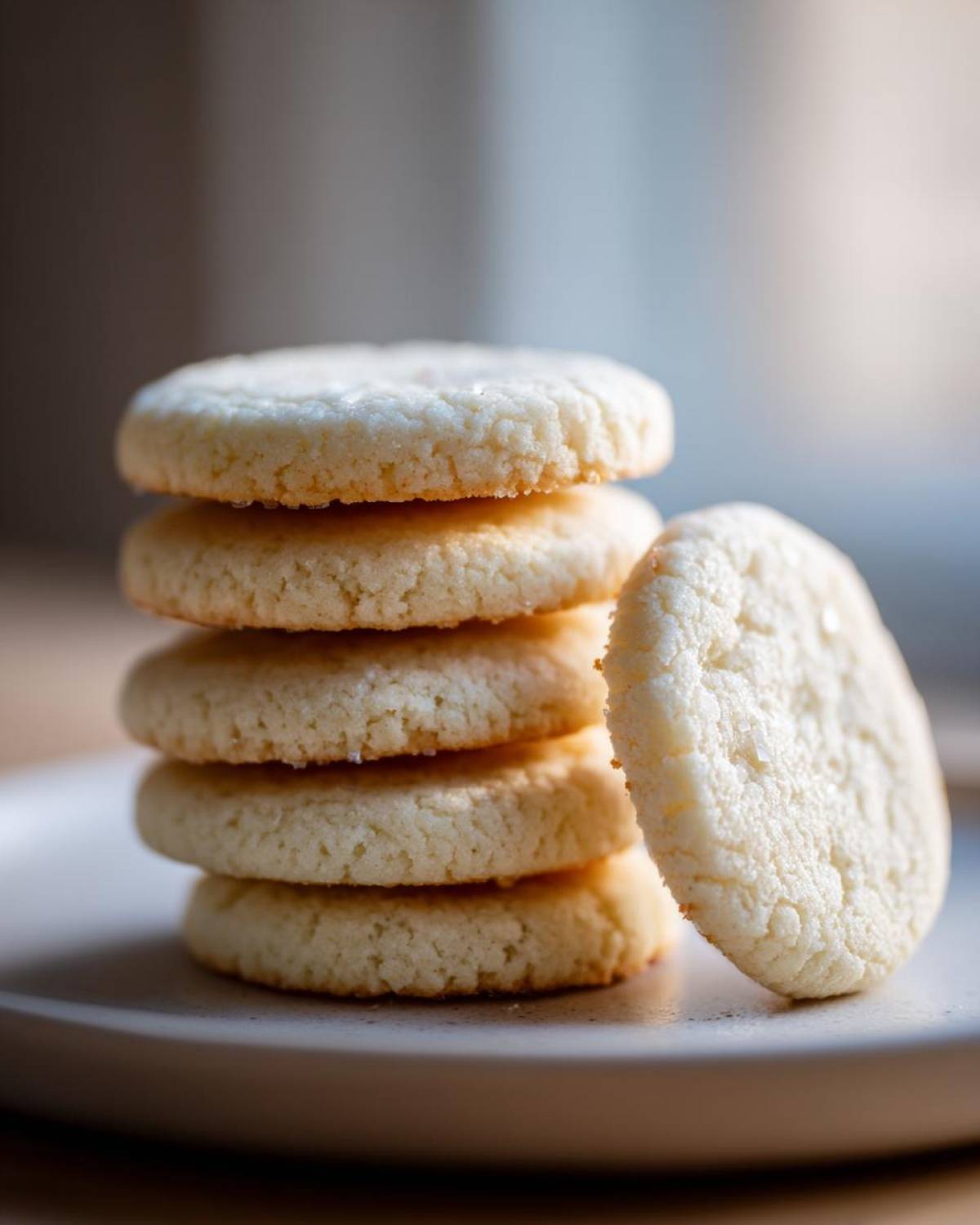A stack of five perfectly round, light-colored soft sugar cookies, with one cookie leaning against the stack.
