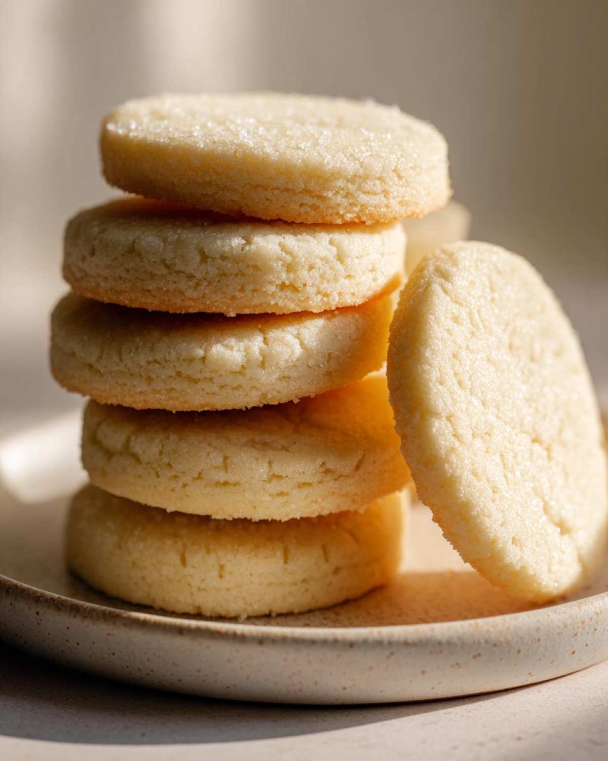 Close-up of five stacked, round soft sugar cookies sprinkled with coarse sugar on a speckled plate.
