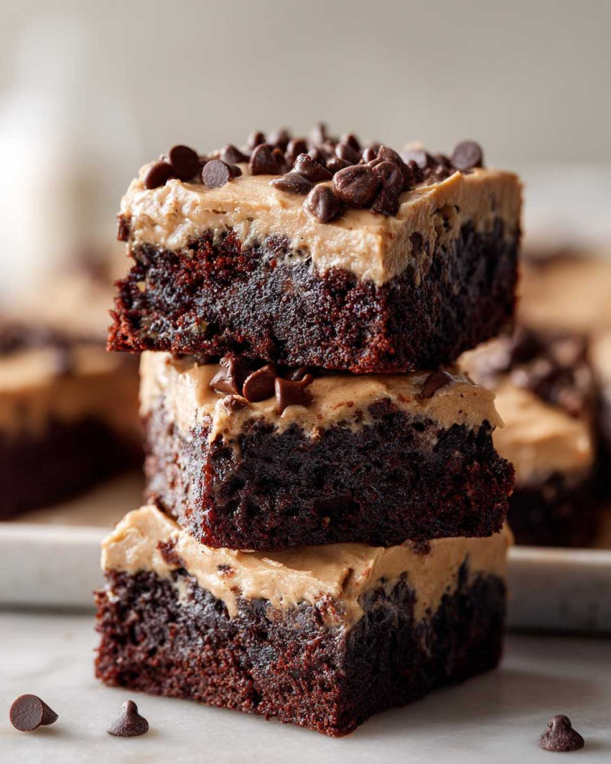 Three stacked squares of rich, fudgy banana bread brownies topped with peanut butter frosting and chocolate chips.