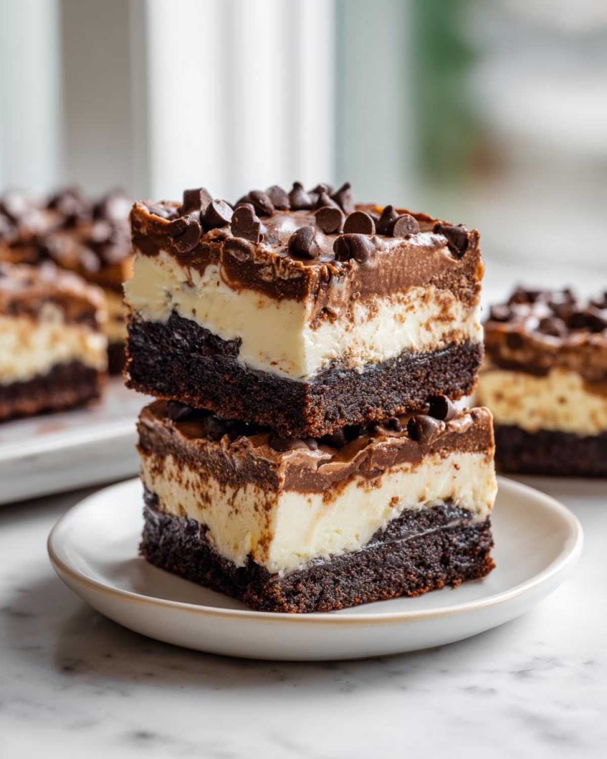 Two stacked squares of rich brownie refrigerator cake featuring a dark brownie base, creamy white layer, and chocolate topping with mini chips.