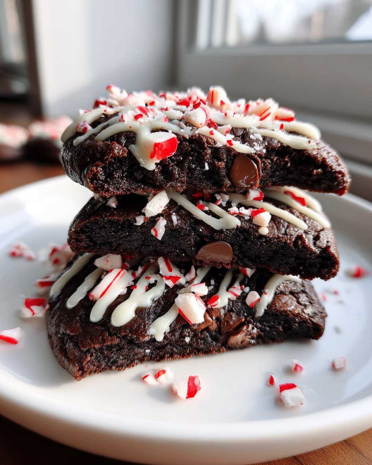 Three rich, dark double chocolate peppermint cookies stacked, drizzled with white icing and topped with crushed candy canes.