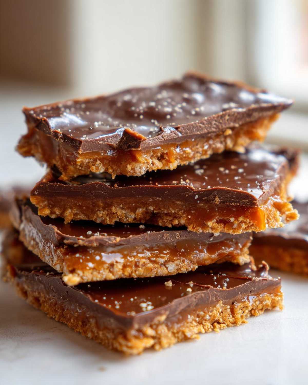Close-up of stacked graham cracker toffee bars with a chocolate topping and sea salt.