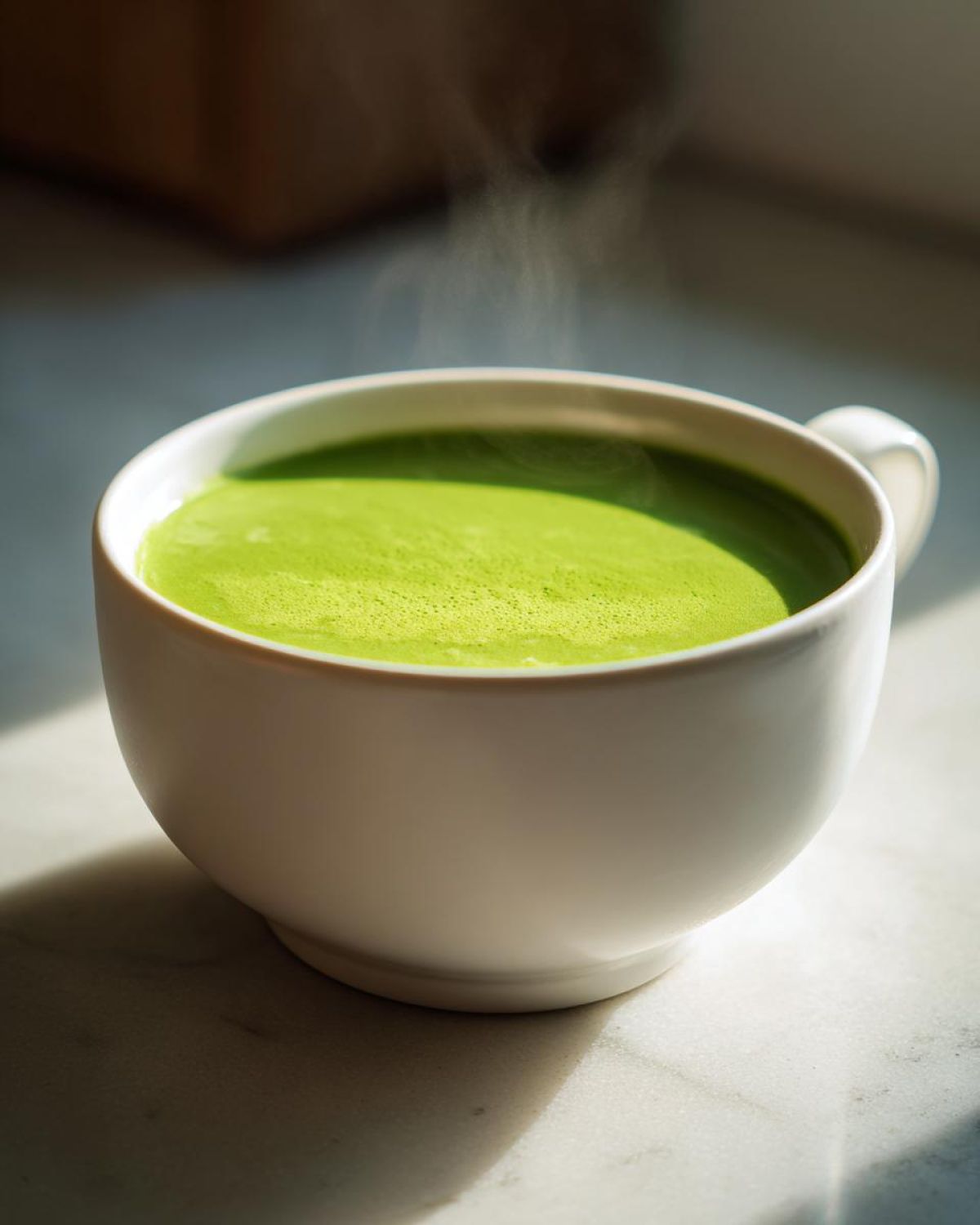 Close-up of a white bowl filled with hot, bright green asparagus soup, showing steam rising.
