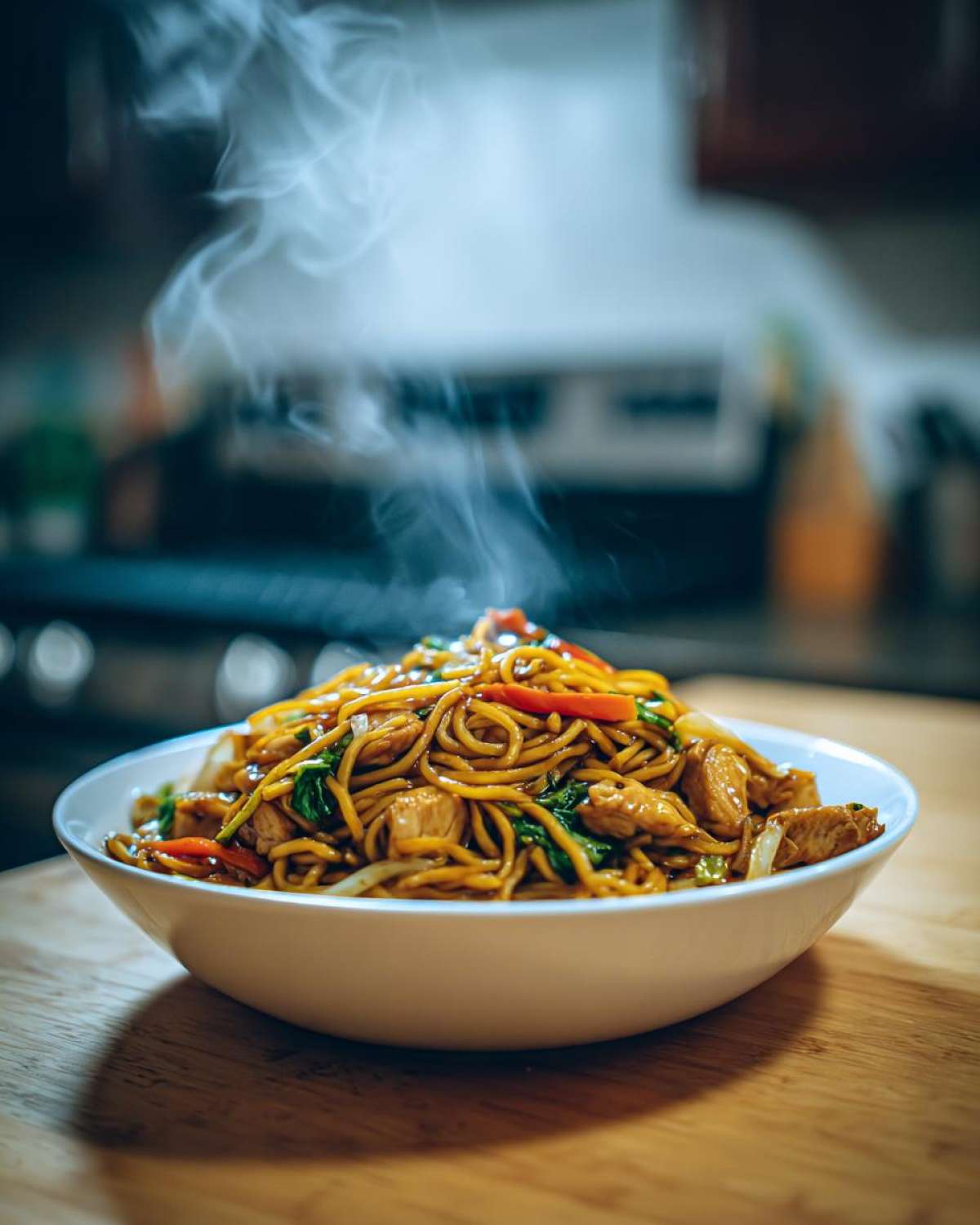 A close-up, steaming bowl of delicious chicken chow mein recipe noodles mixed with vegetables on a wooden surface.