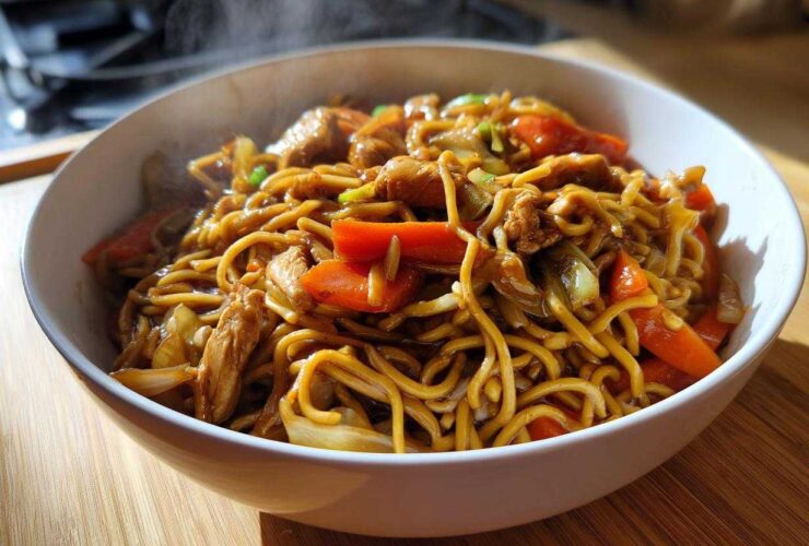 A steaming white bowl filled with a delicious chicken chow mein recipe, featuring noodles, chicken pieces, and bright orange carrots.