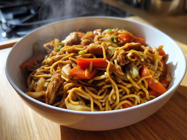 A steaming white bowl filled with a delicious chicken chow mein recipe, featuring noodles, chicken pieces, and bright orange carrots.