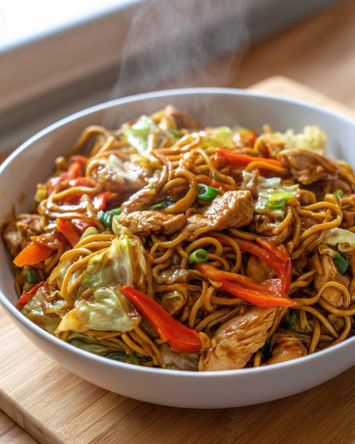 Close-up of a steaming white bowl filled with amazing chicken chow mein recipe, featuring noodles, chicken pieces, and vegetables.