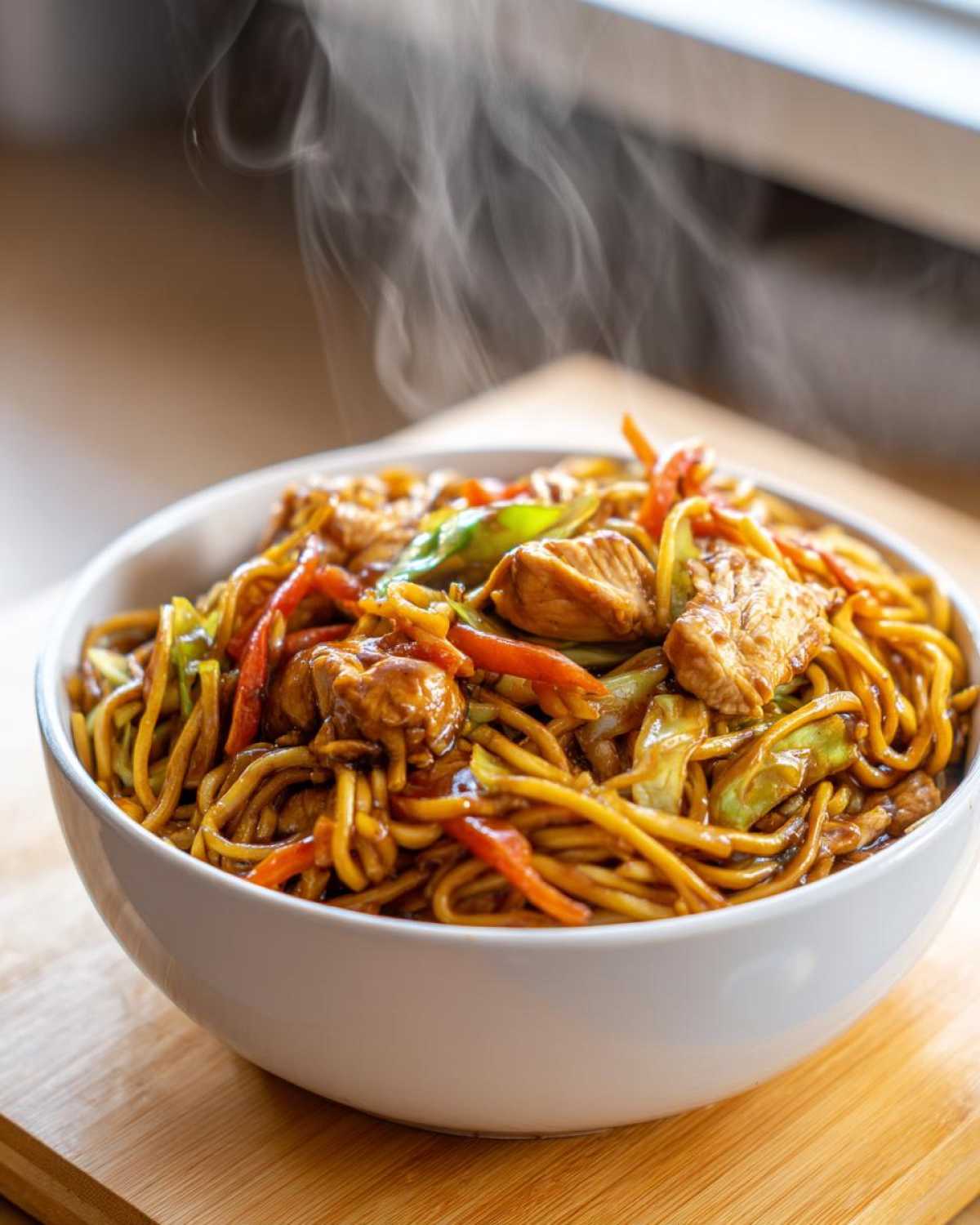 Close-up of a steaming white bowl filled with delicious chicken chow mein recipe, featuring noodles, chicken pieces, and stir-fried vegetables.