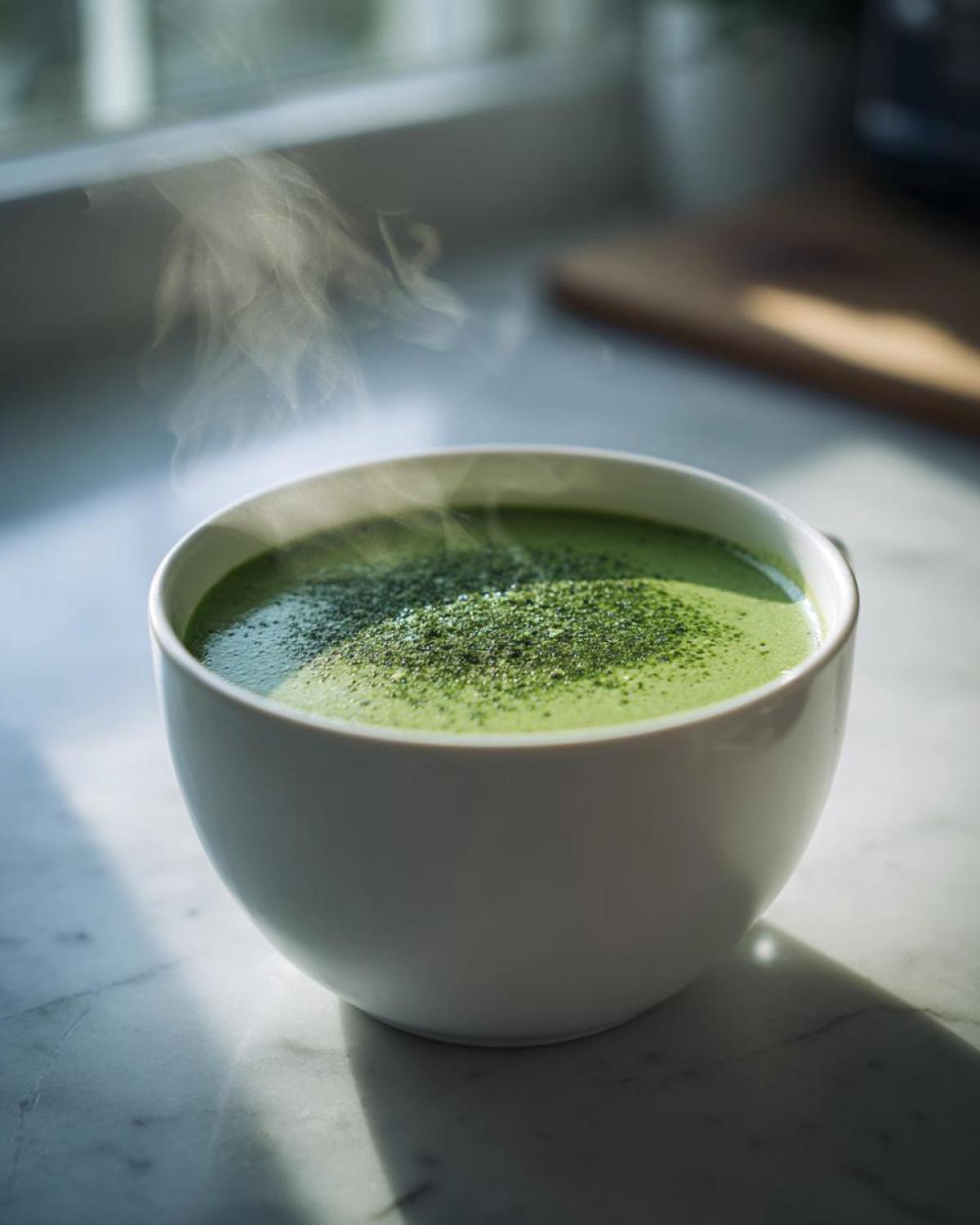 A steaming white bowl filled with vibrant green asparagus soup, topped with green powder.
