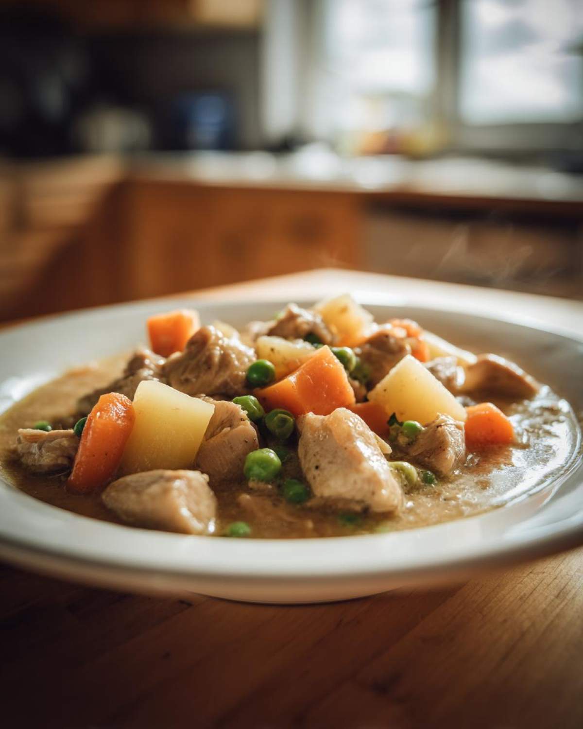 Close-up of a steaming bowl of slow cooker chicken stew with chunks of chicken, carrots, potatoes, and peas in a savory broth.