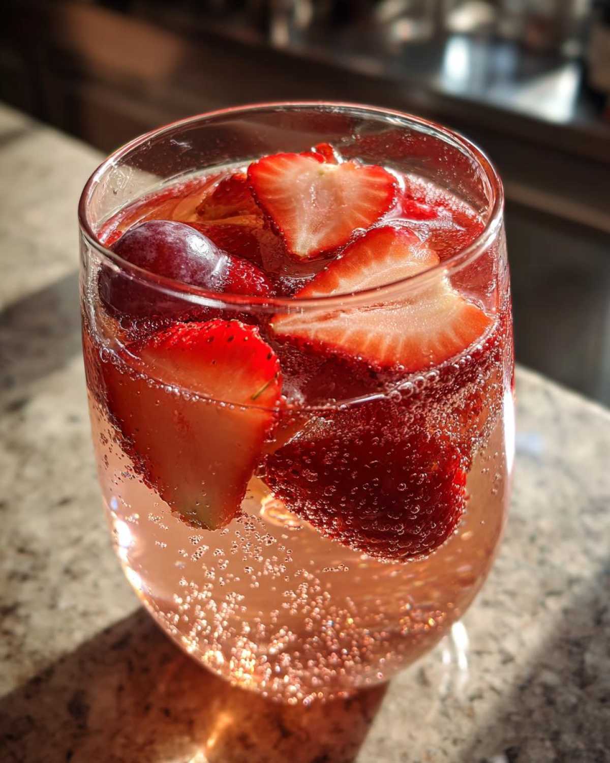 Close-up of a glass filled with bubbly, pink champagne punch garnished with fresh strawberry slices and a grape.
