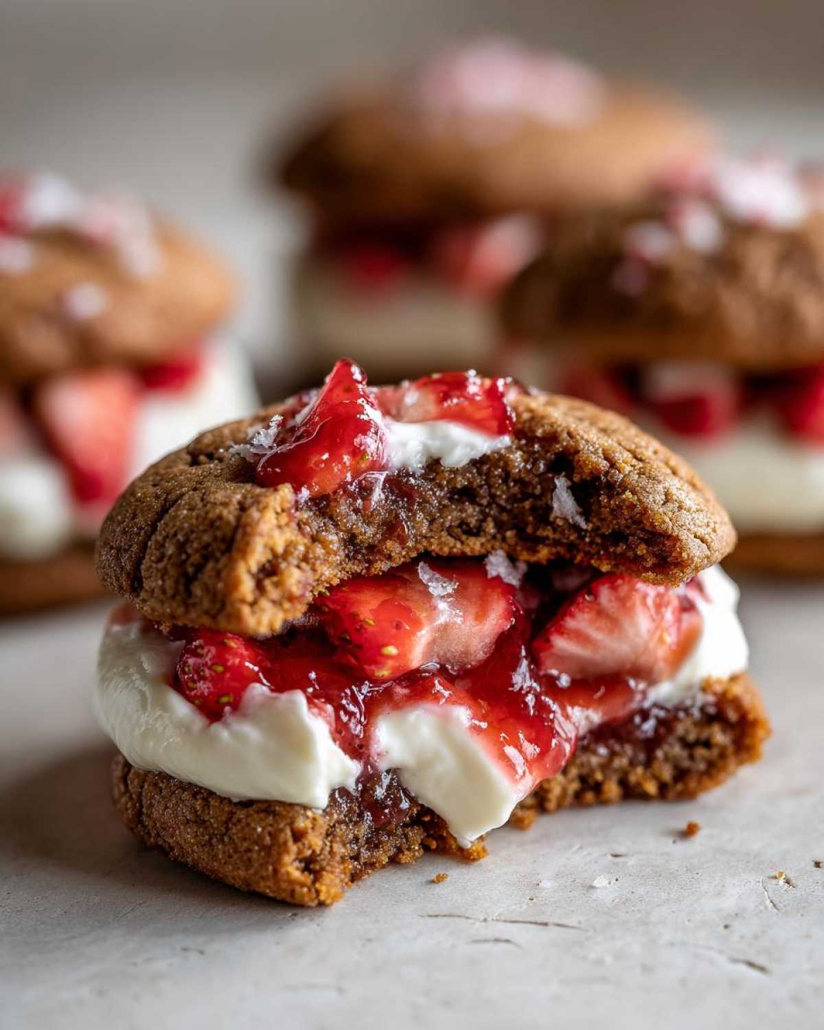 A close-up view of a strawberry cheesecake cookies sandwich, bitten open to show creamy filling and fresh strawberries.