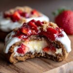 Close-up of a strawberry cheesecake cookie with a bite taken out, showing creamy filling and strawberry topping.