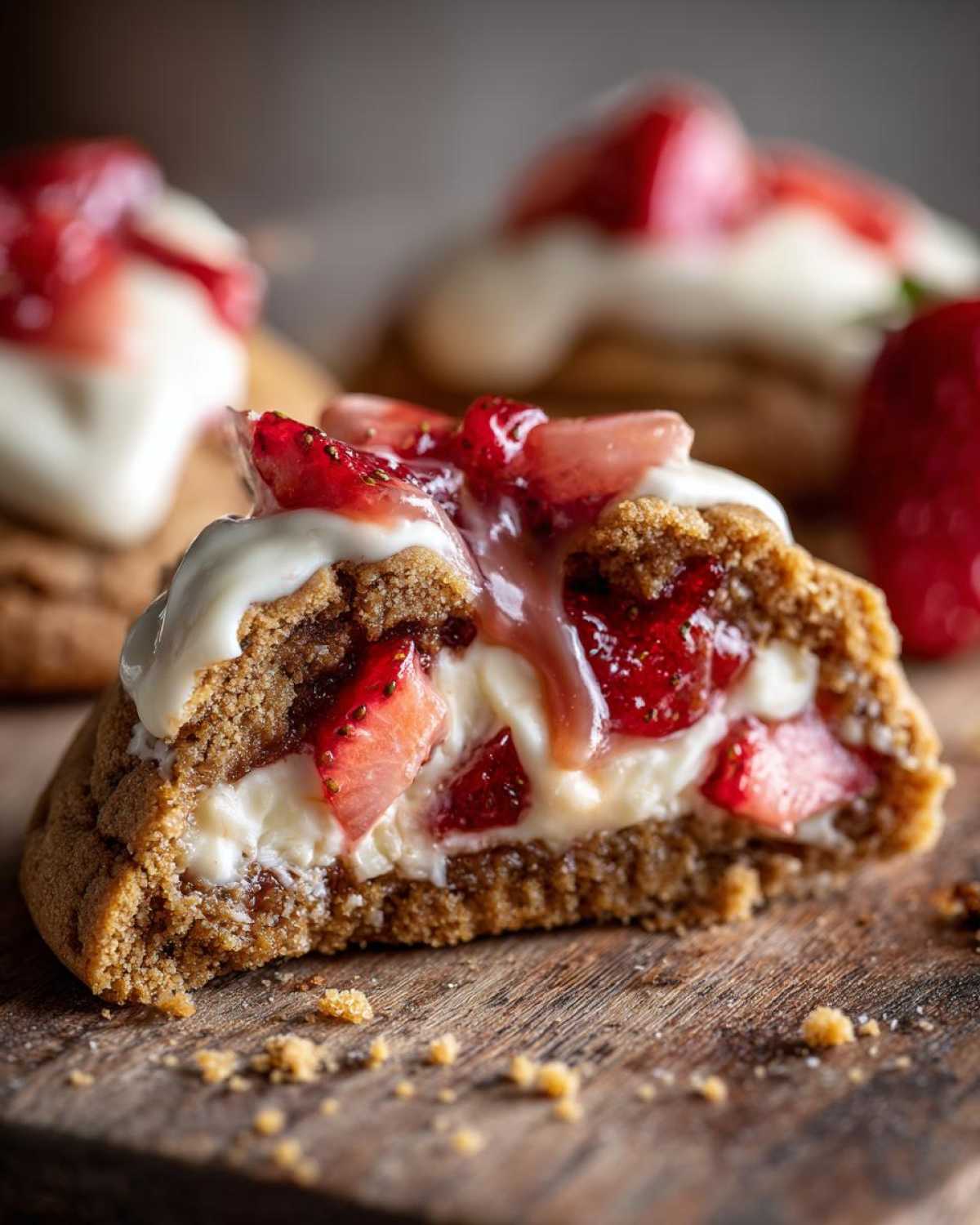 Close-up of a strawberry cheesecake cookies half showing creamy filling and strawberry pieces inside.
