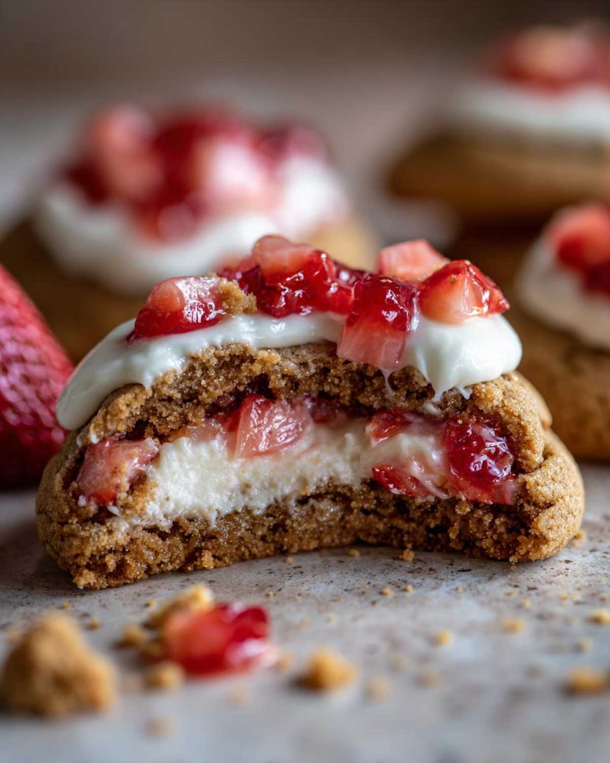 Close-up of a strawberry cheesecake cookie cut in half, showing creamy filling and strawberry topping.