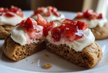 A strawberry cheesecake cookie cut in half showing the soft brown base, cream cheese frosting, and strawberry topping.