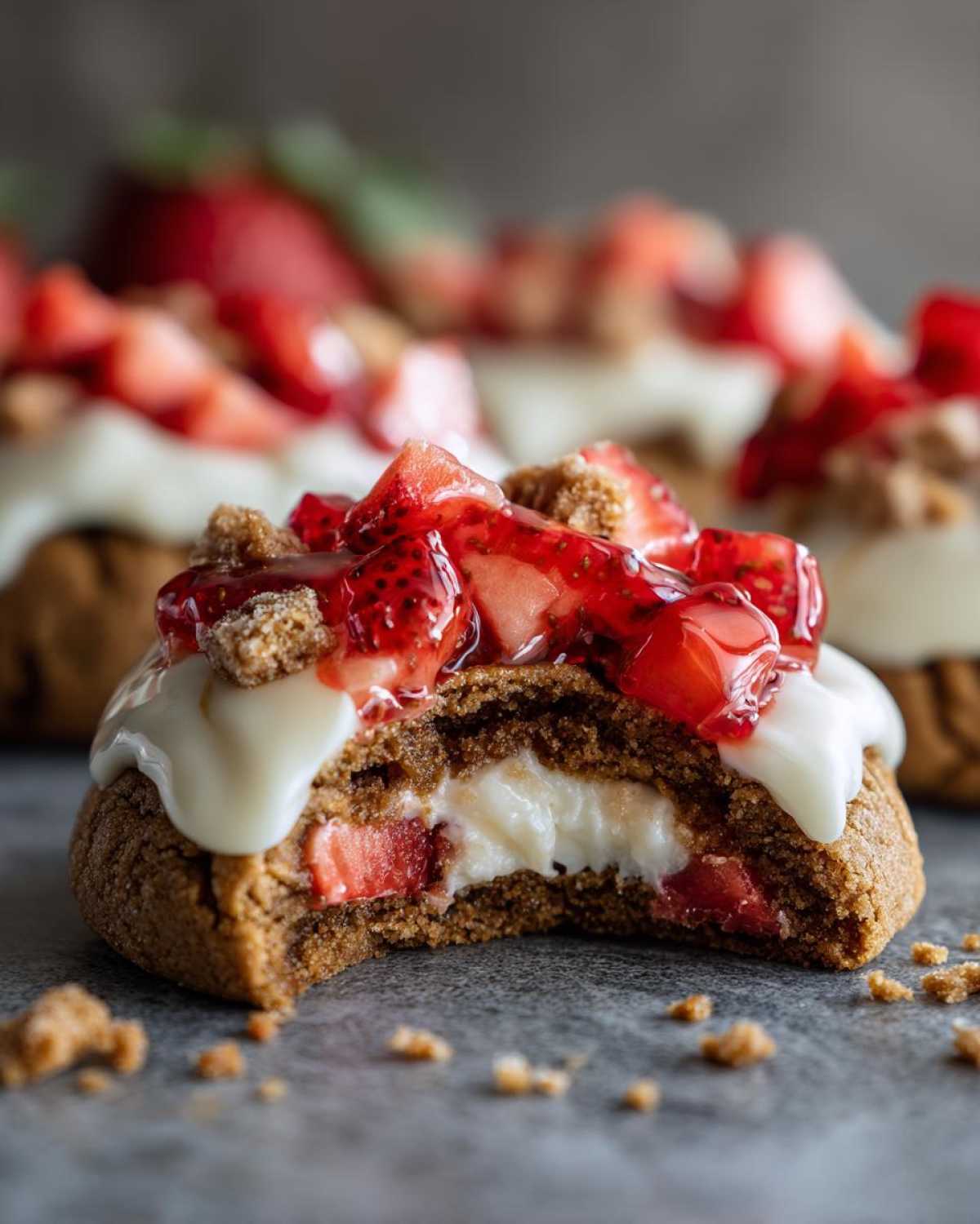 Close-up of a strawberry cheesecake cookies half bitten, showing creamy filling and strawberry topping.