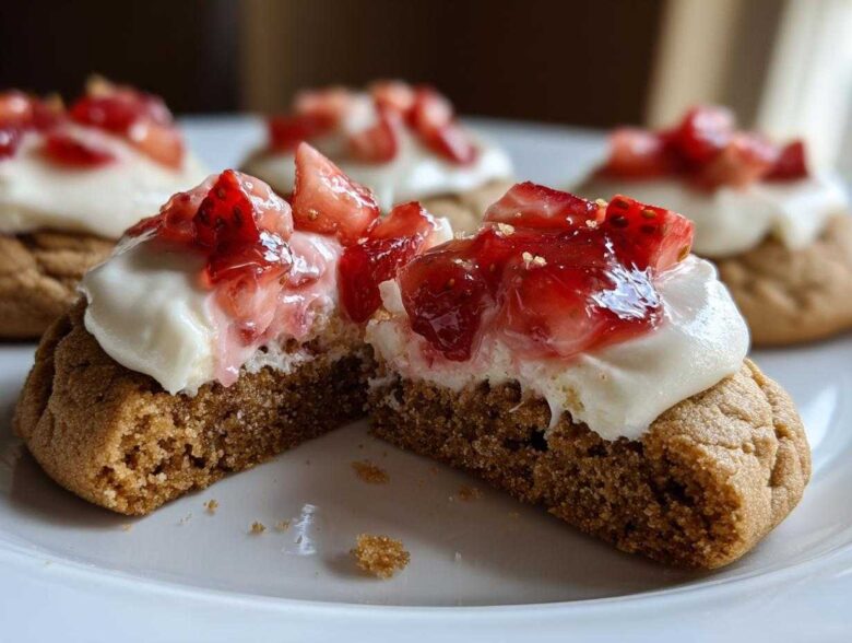 A strawberry cheesecake cookie cut in half showing the soft brown base, cream cheese frosting, and strawberry topping.
