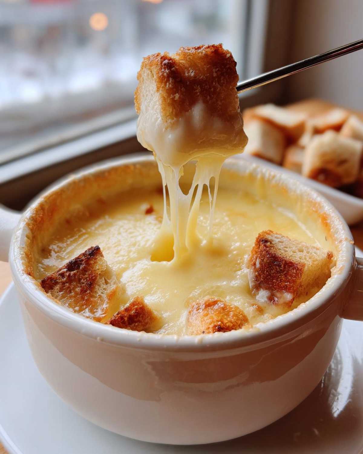 A piece of toasted bread is lifted from a pot of hot, melted cheese fondue, showing long, gooey cheese strings.